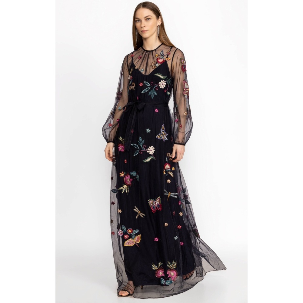 Johnny Was Spellbound Navy Embroidered Mesh Maxi Dress Size Medium NWT R33024-2